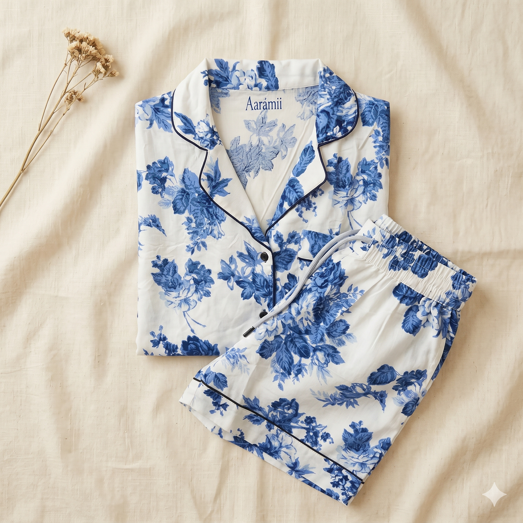 Blue Garden Floral Viscose Shorts Pyjama Set