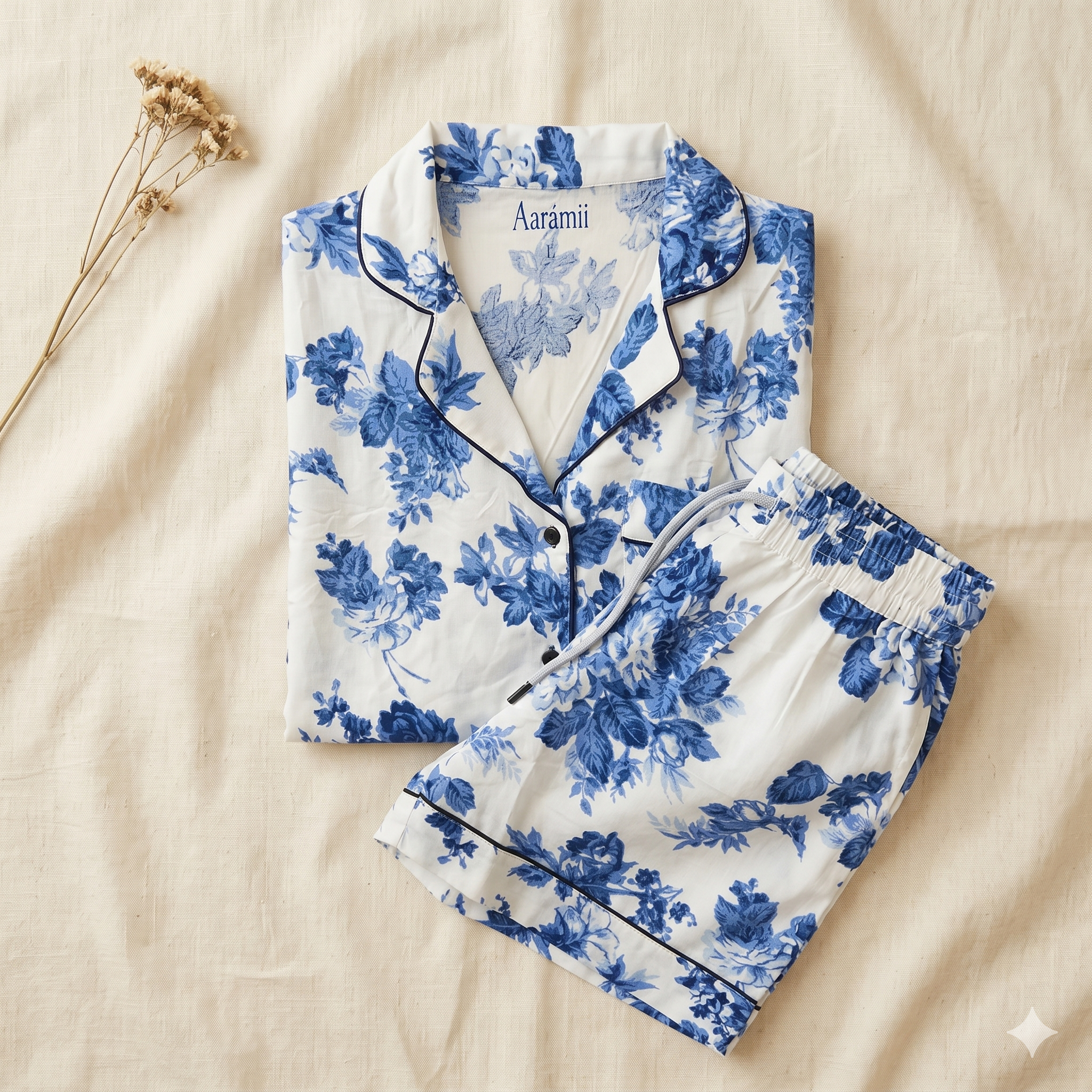 Blue Garden Floral Viscose Shorts Pyjama Set