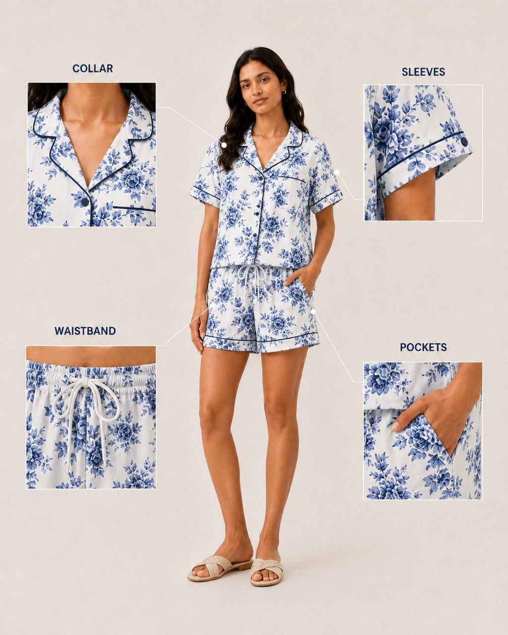 Blue Garden Floral Viscose Shorts Pyjama Set